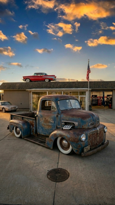 Rat rod truck in front of Dedic's shop with the iconic '57 Bel Air on the roof